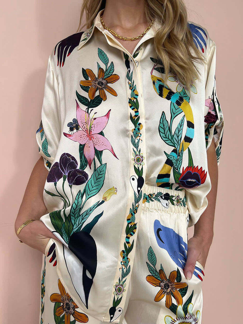 Moderne Verfijnde Gevoel Satijn Unieke Print Oversized Blouse Elastische Taille Ge pockette Wijde Pantalon Set