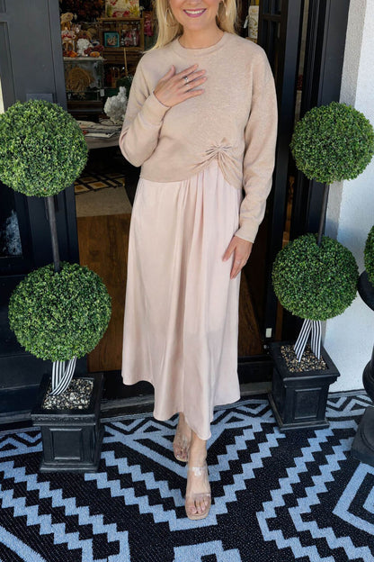 Fashion Knit Ruched Sweater en Satin Stretch Tank Midi Dress Twee-delige Set