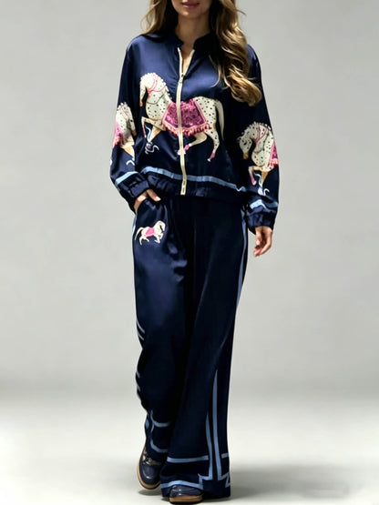 Exquise Satijnen Paardprint Zip Jacket & Wijde Broek Twee-Piece Set