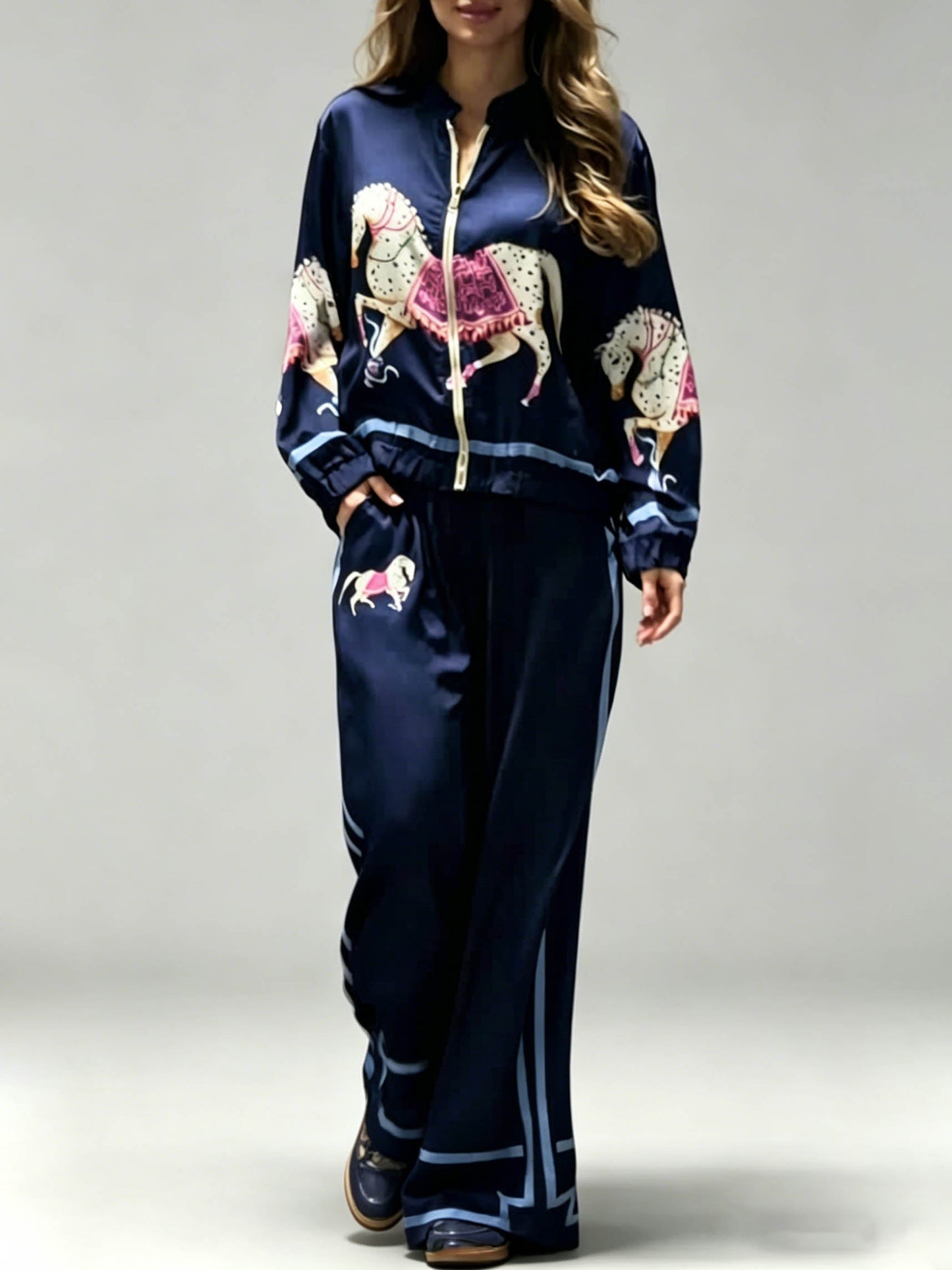 Exquise Satijnen Paardenprint Ritsjack & Wijde Broek Twee-delig Set
