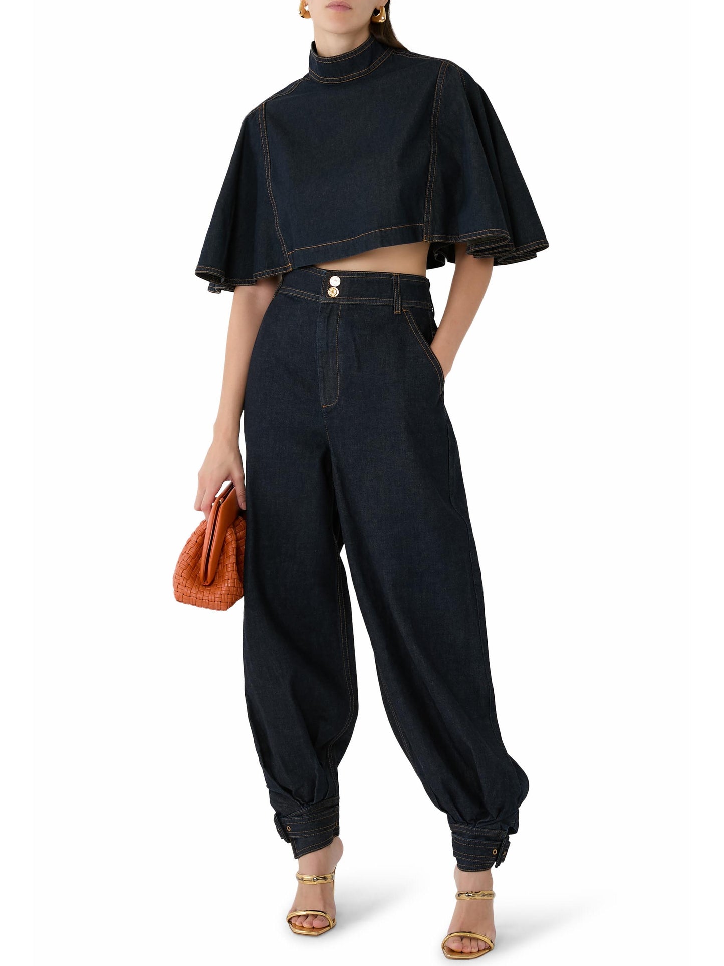 Moderne Denim Cape Top & Hoge Taille Tapered Broek Twee-delige Set