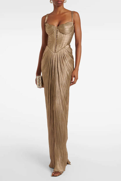 Elegante Geplooide Metalen Tailleband Party Split Gown Maxi Jurk