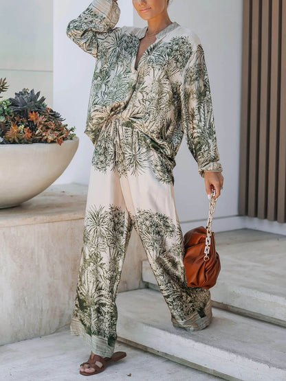 Casual Palm Leaf Print Losse Shirt En Wijde Pantalon Set