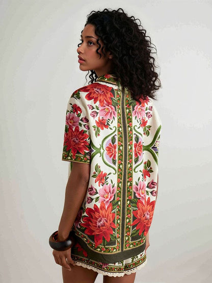 Retro Bloemenprint Shirt & Shorts Twee-delige Set