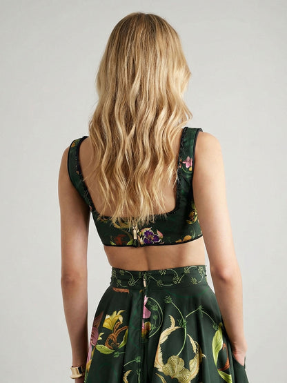 Retro Stijl Donkergroen Bloemenprint Crop Top & Rok Set