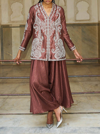 Uniek Paisley Patroon V-Hals Losse Top En Geplooide Harem Wijde Pantalon Set