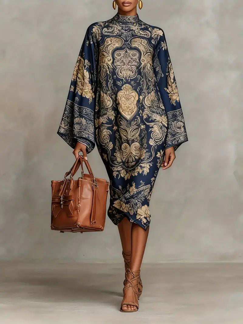 Retro Paisley Print Ronde Hals Flared Mouw Midi Jurk