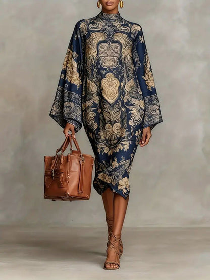 Retro Paisley Print Ronde Hals Flared Mouw Midi Jurk