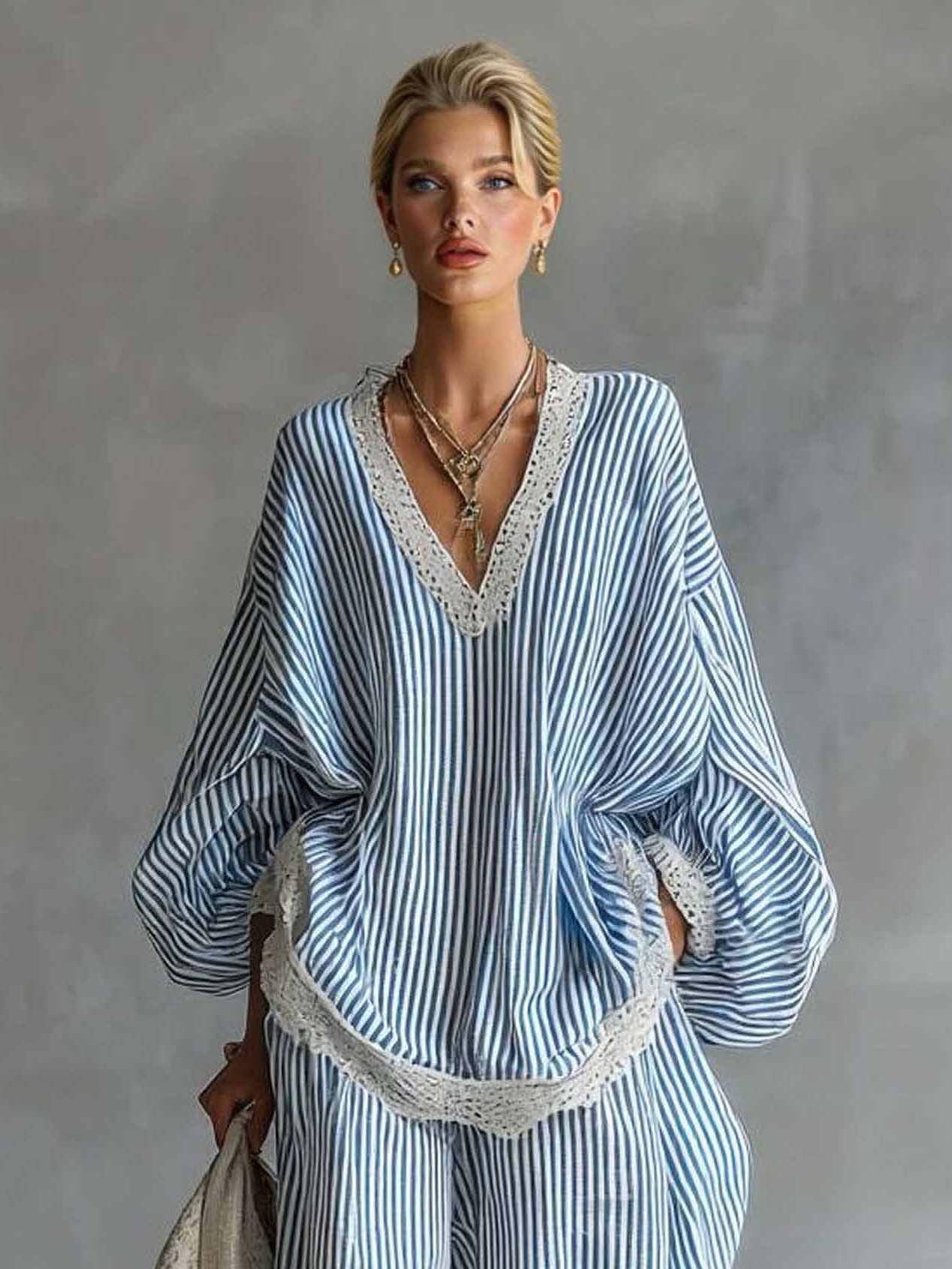 Casual Gestreepte Batwing Mouw Top & Touwsluiting Jogger Broek Twee-Piece Set