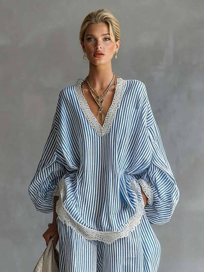 Casual Gestreepte Batwing Mouw Top & Touwsluiting Jogger Broek Twee-Piece Set