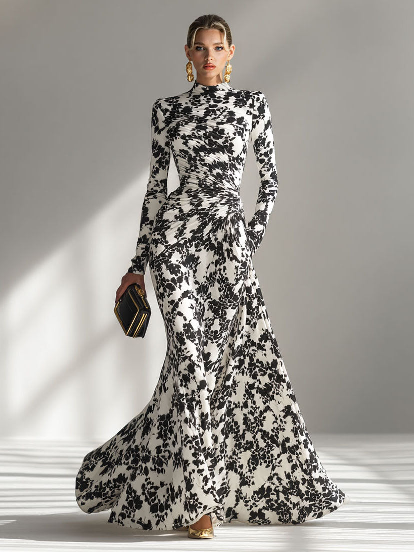 Casual Abstract Print Hoge Hals Plissé Zeemeermin Maxi Jurk