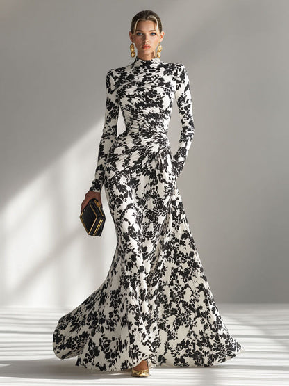 Casual Abstract Print Hoge Hals Plissé Zeemeermin Maxi Jurk