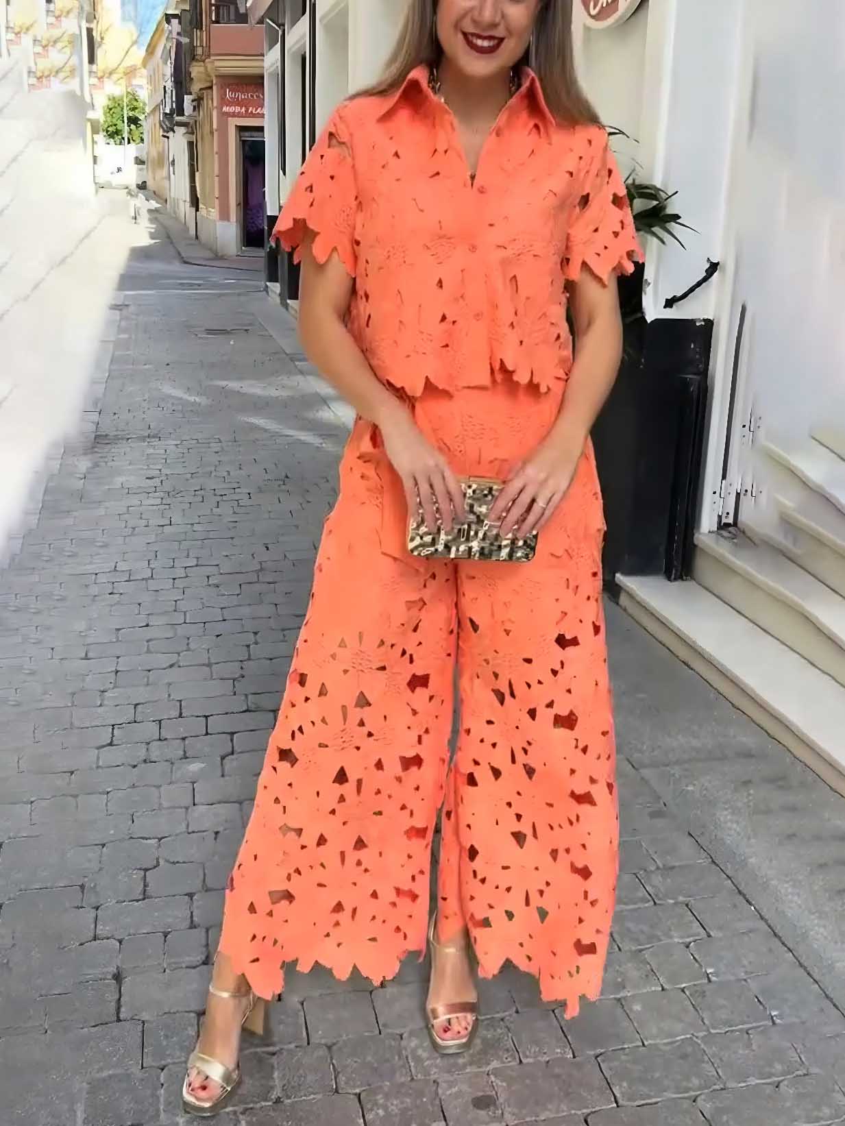 Casual Cutout Kanten Shirt & Wijde Pantalon Twee-Piece Set