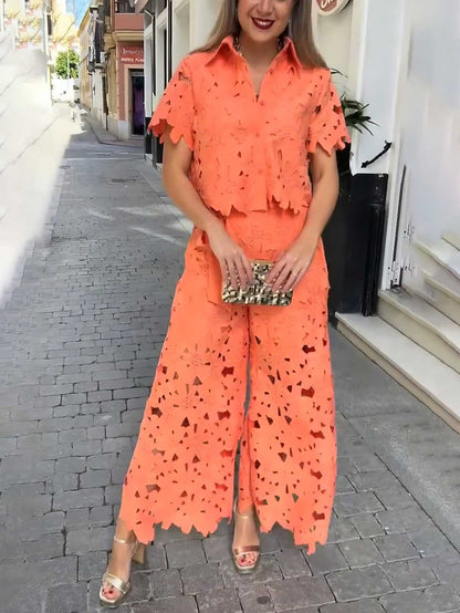 Casual Cutout Kanten Shirt & Wijde Pantalon Twee-Piece Set