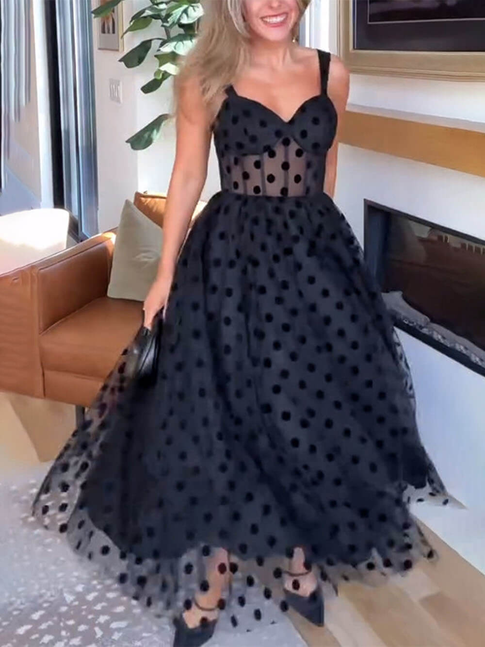 Exquise Perfecte Tulle Polka Dot Sweetheart Bustier A-Lijn Midi Jurk