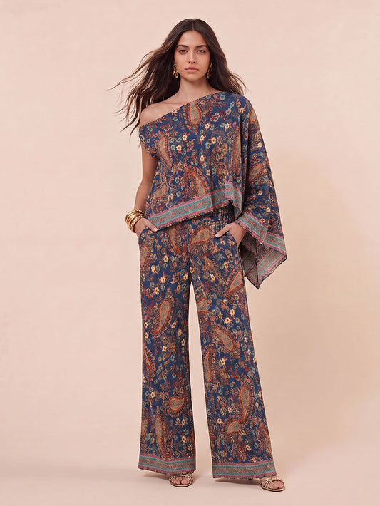 Bohemian Paisley Off-Shoulder Top & Wijde Broek Twee-Stuk Set