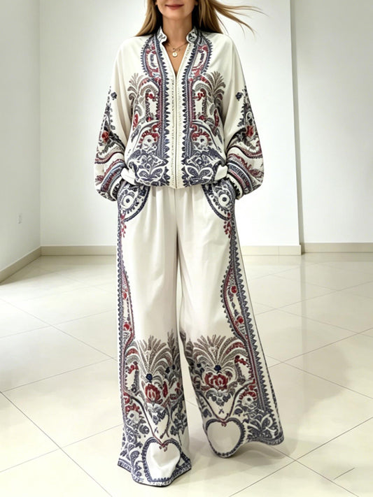 Elegante Paisley Print Rits Shirt & Wijde Pantalon Set