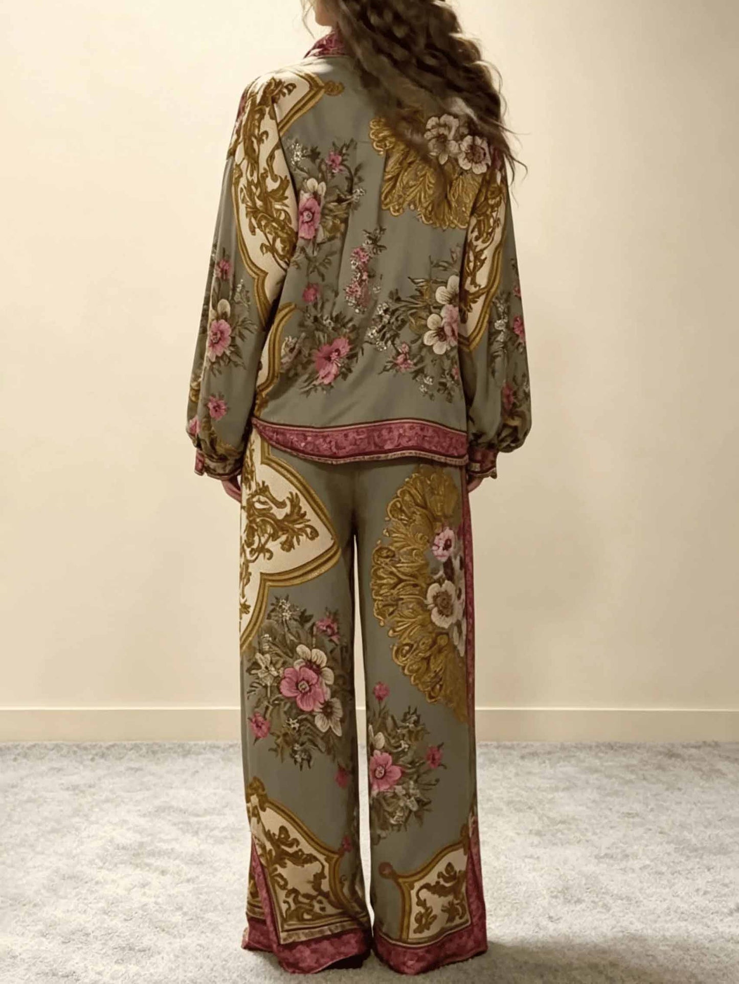 Retro Bloemen Barok Print Satijnen Shirt & Brede Pantalon Set