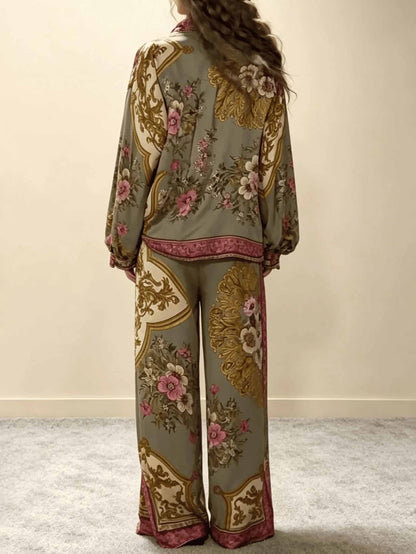 Retro Bloemen Barok Print Satijnen Shirt & Brede Pantalon Set