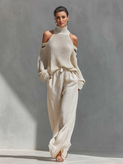 Casual Top met Open Schouders en Brede Pijpen Twee-delige Set