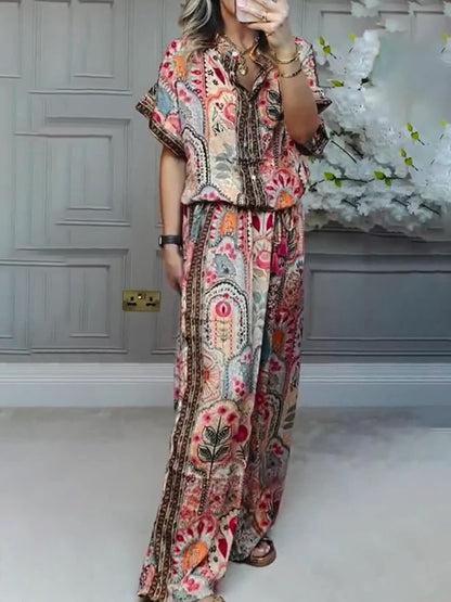 Boho Print Tassel Detail Casual Elastische Taille Zak Brede Pijpen Broek