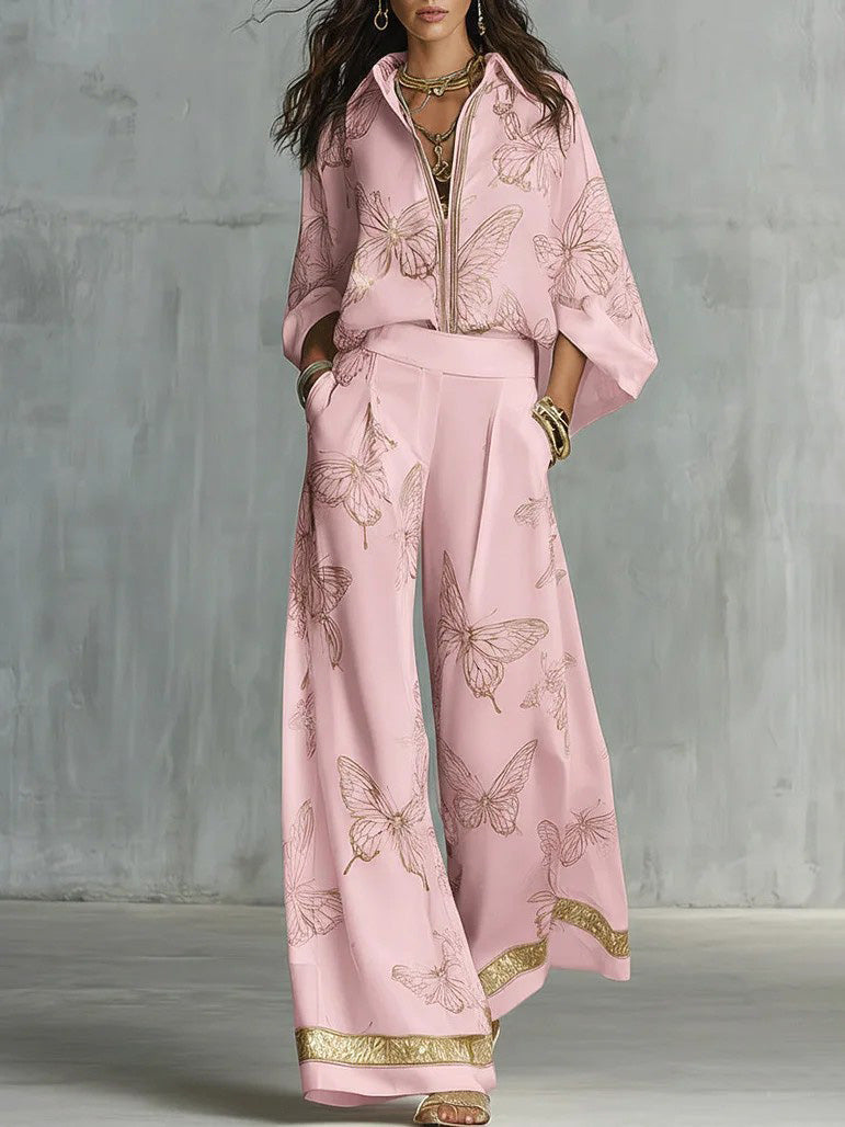 Elegante Vlinderprint Rits Top & Wijde Pantalon Set