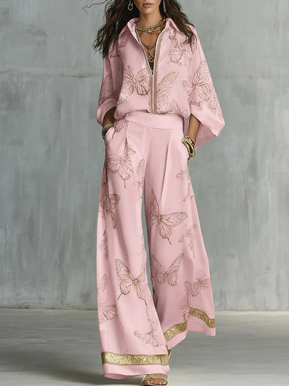 Elegante Vlinderprint Rits Top & Wijde Pantalon Set