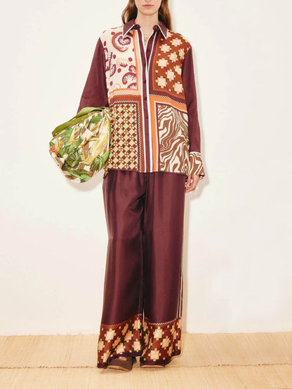 Unieke Paisley Kleur-Block Satijnen Shirt En Elastische Taille Wijde Broek Set