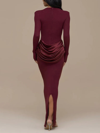 Elegante Plissé Lange Mouwen Slim-Fit Maxi Jurk