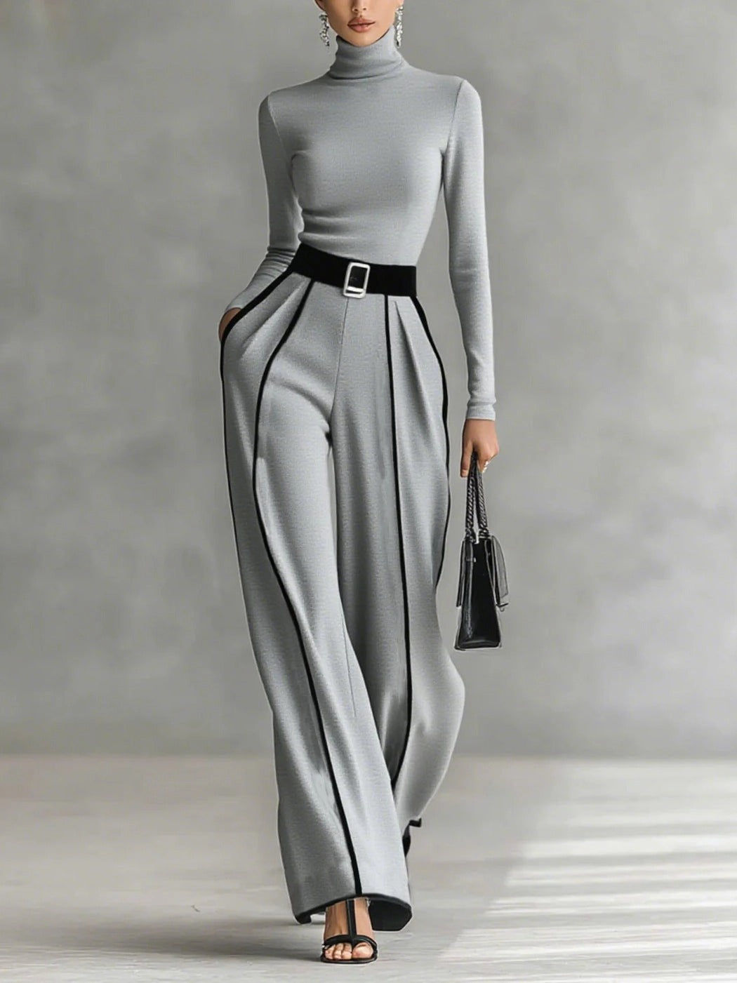 Elegante Hoge Hals Slim Fit Lange Mouw Top Twee-Delige Set