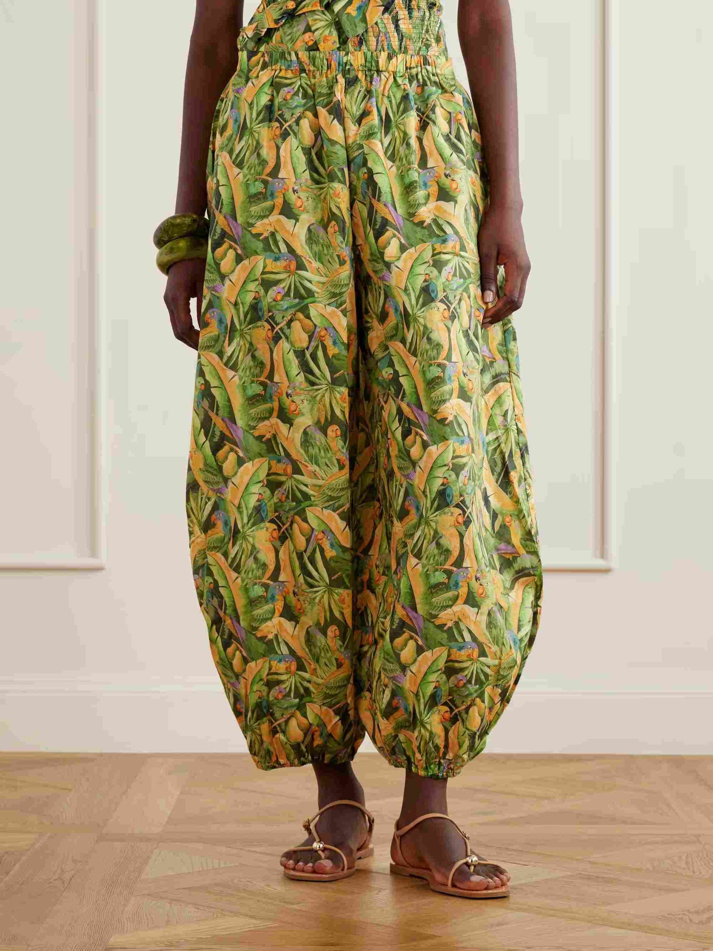 Exquise Tropische Papegaai Print Ruffle Top & Lantaarn Broek Twee-delige Set