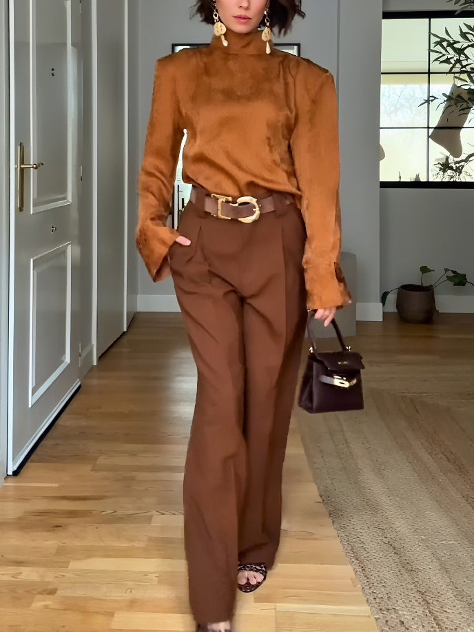 Elegante Satijnen Blouse met Hoge Hals & Broek Tweedelige Set