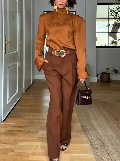 Elegante Satijnen Blouse met Hoge Hals & Broek Tweedelige Set