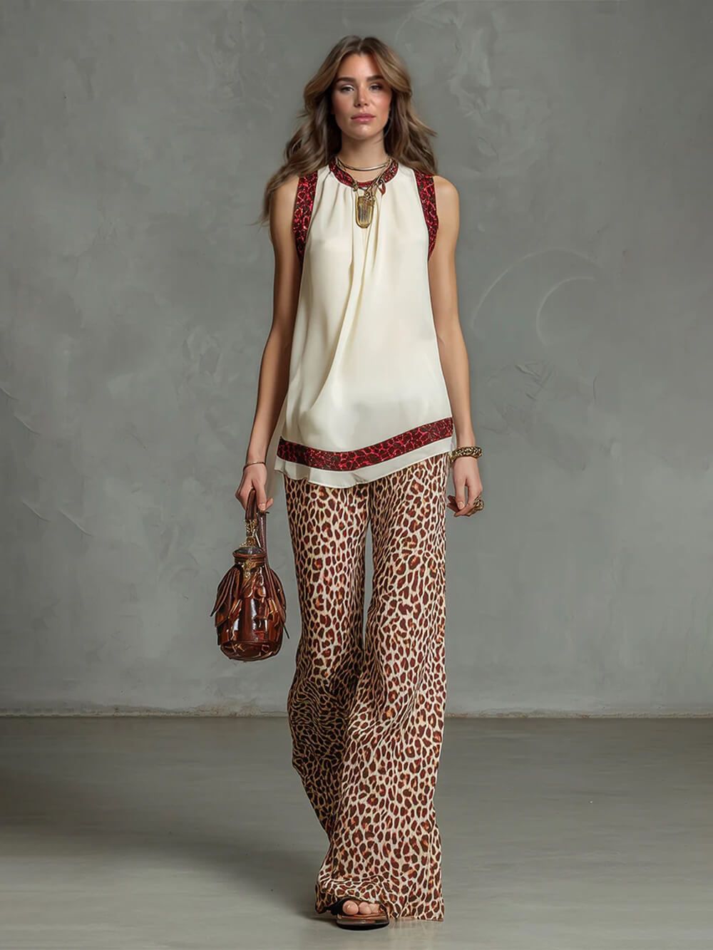Mode Luipaardprint Chiffon Top En Elastische Taille Wijde Pantalon Set