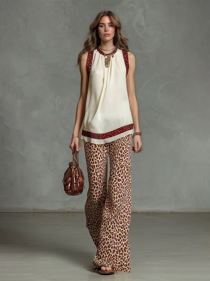 Mode Luipaardprint Chiffon Top En Elastische Taille Wijde Pantalon Set
