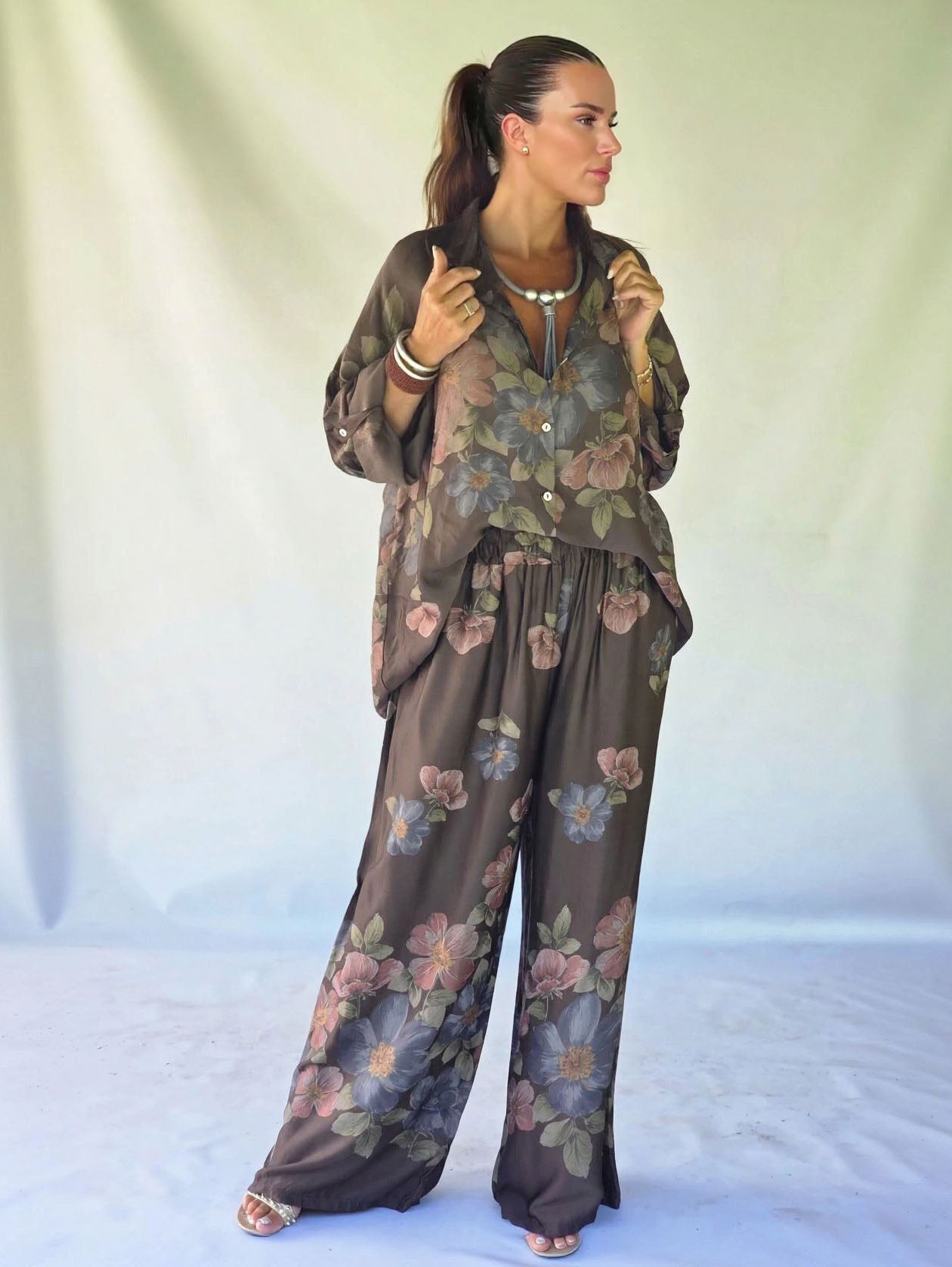 Retro Bloemenprint Overhemd met Kraag & Elastische Taille Wijde Broek Twee-Delige Set