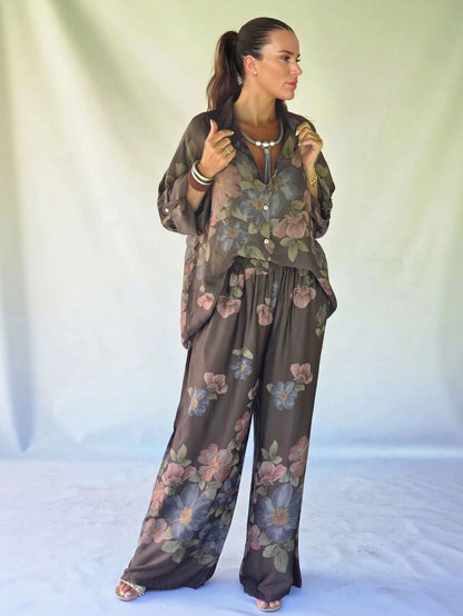 Retro Bloemenprint Overhemd met Kraag & Elastische Taille Wijde Broek Twee-Delige Set