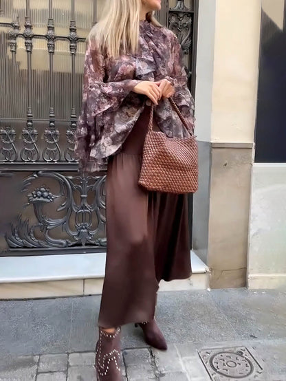 Elegante Bloemige Rimpel Chiffon Shirt En Rok Twee-delige Set