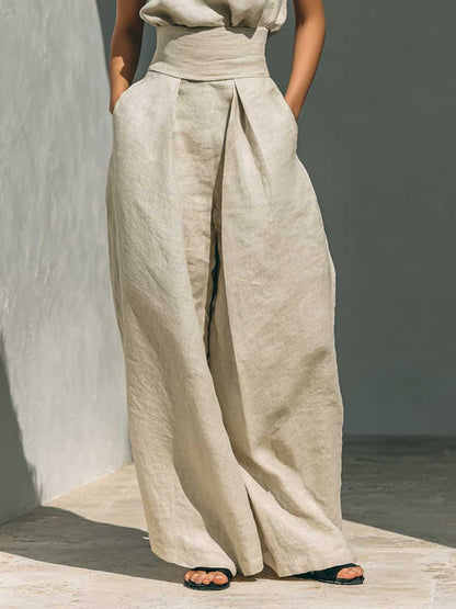 Elegante Linnen Top met Hoge Hals & Brede Pijpen Twee-Piece Set
