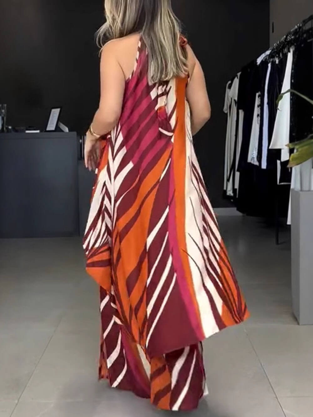 Modieuze Unieke Positionering Print Lange Mouwloze Top Brede Pantalon Set