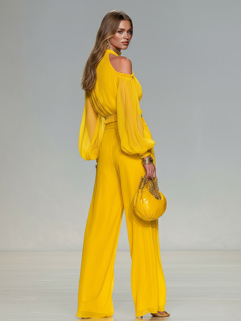Elegante Off-Shoulder Top & Brede Pantalon Twee-Delige Set