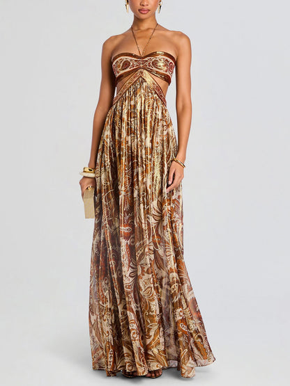 Elegante Holle Print Halternek Rugloze Maxi Jurk