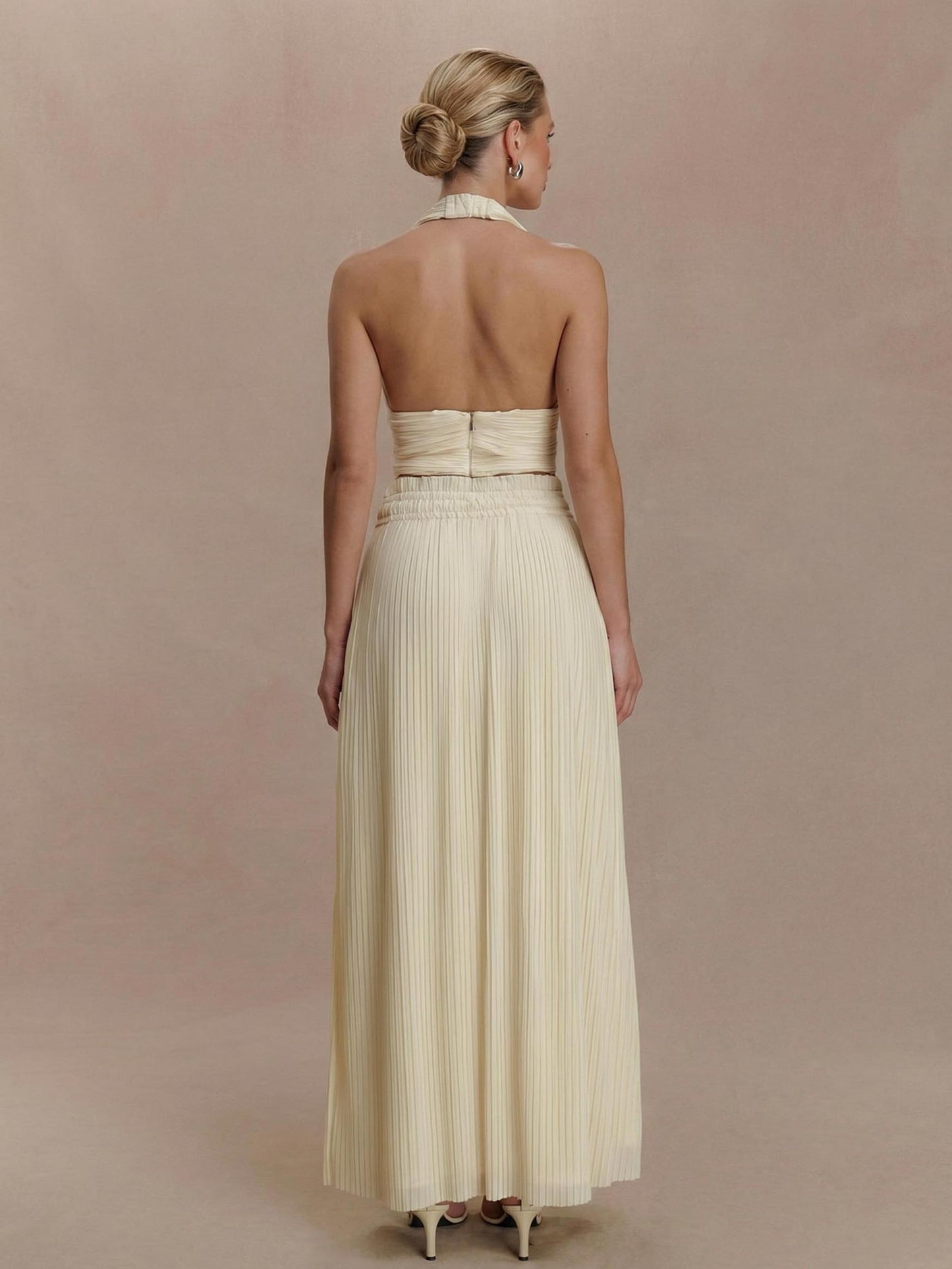 Rugloze Spaghetti Band Crop Top & Plissé Maxi Rok Twee-Delige Set