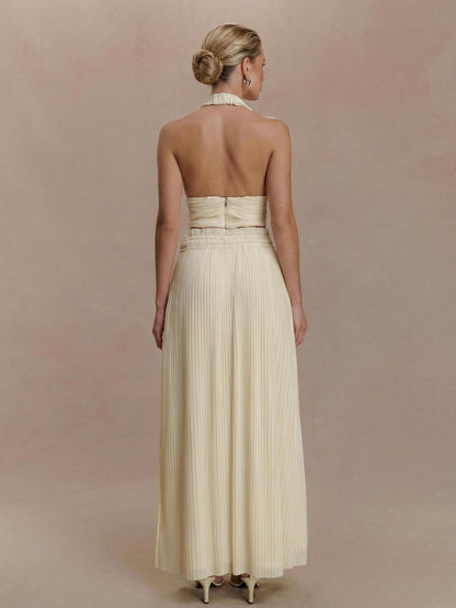 Rugloze Spaghetti Band Crop Top & Plissé Maxi Rok Twee-Delige Set