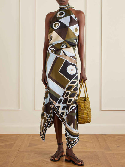 Retro Geometrische Print Asymmetrische Rok Twee-delige Set