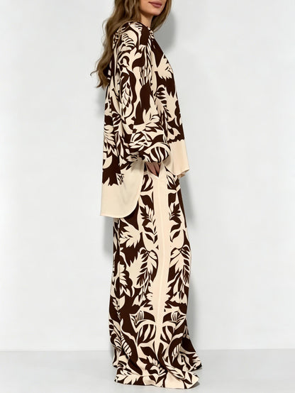 Bohemian Bladprint V-Hals Satijnen Shirt & Wijde Broek Set