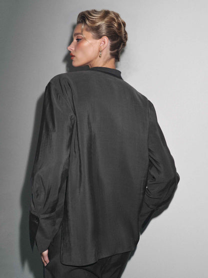 Minimalistische Zwarte Satijnen Shirt & Drawstring Broek Set
