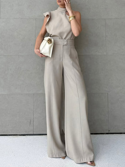 Casual Ruffle Mouw Haltertop Met Eenvoudige Effen Kleur Rechte Broek Set