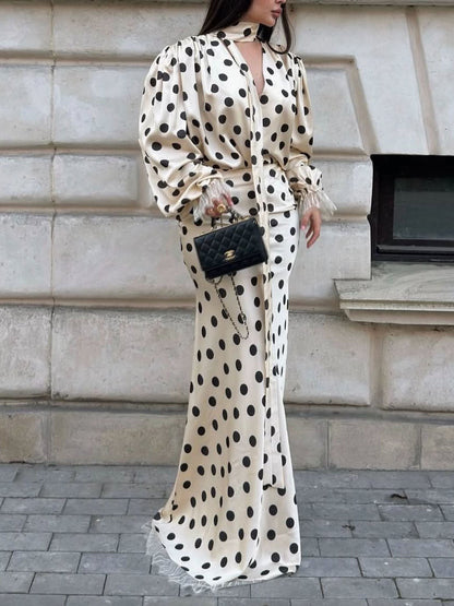 Elegante Polka Dot Blouse & Maxi Rok Twee-delige Set