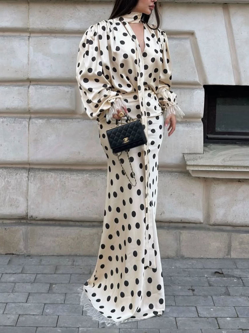 Elegante Polka Dot Blouse & Maxi Rok Twee-Stuk Set
